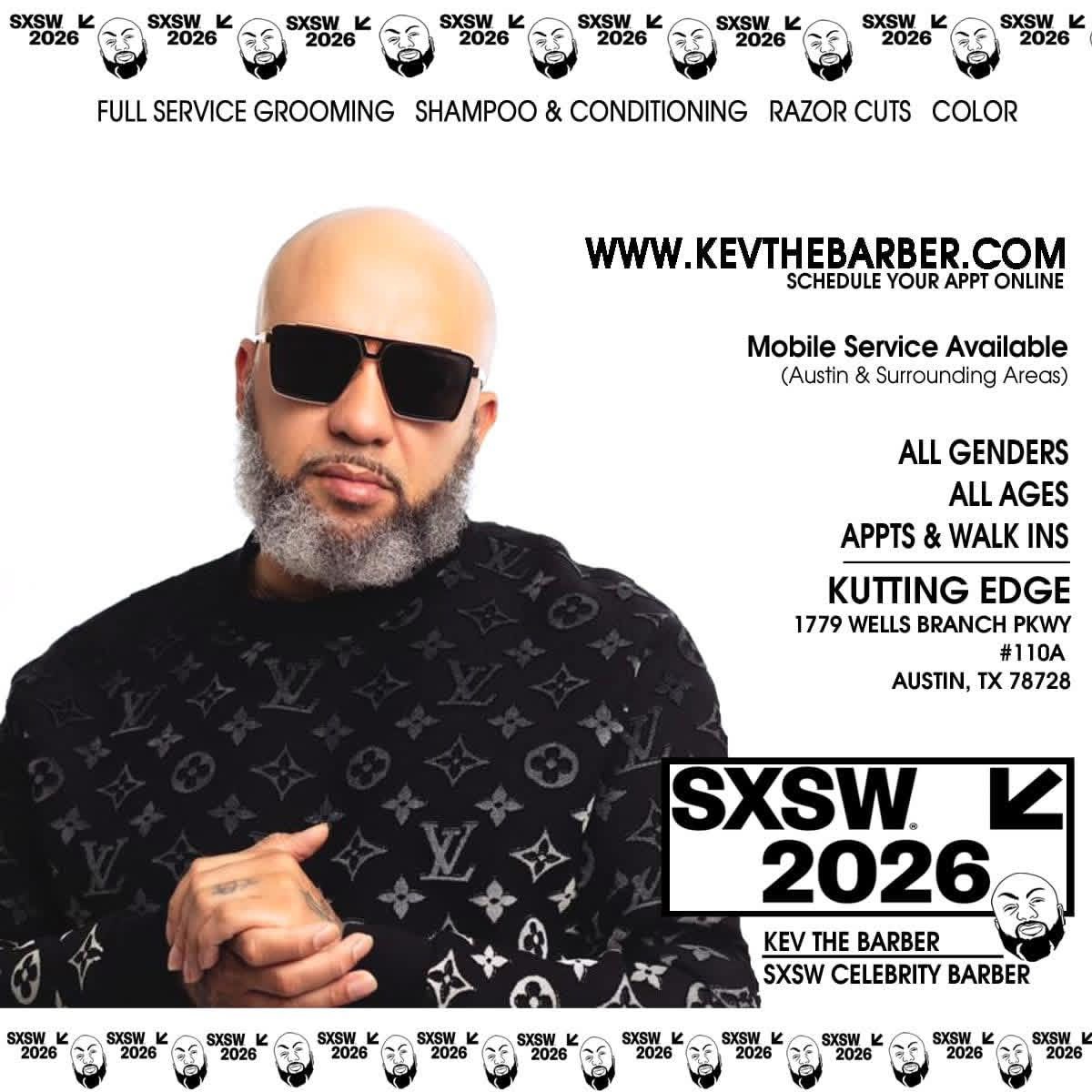 Kev The Barber SXSW 2026 celebrity barber flyer with services, address and booking site